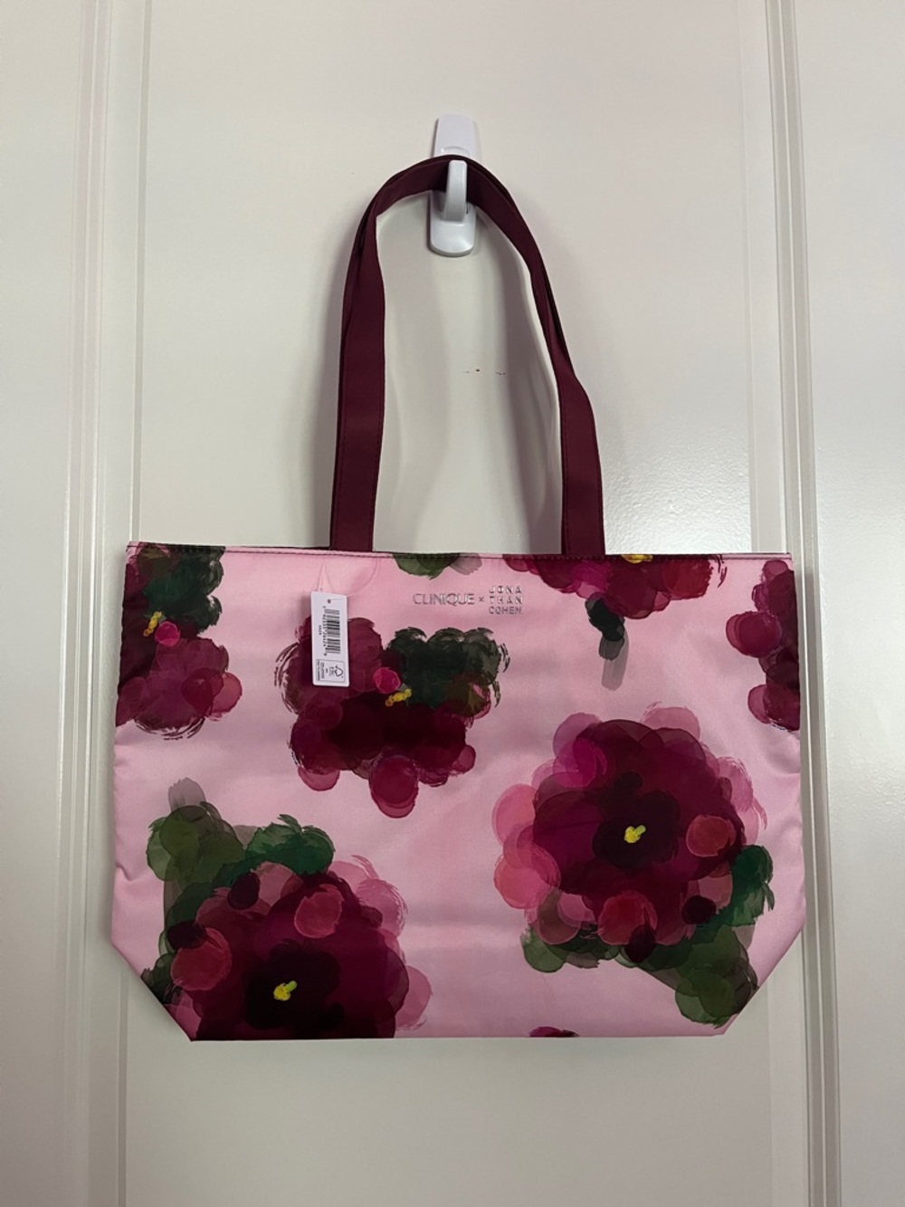 NWT Clinique Floral Tote Bag Pink Burgundy Travel Bag